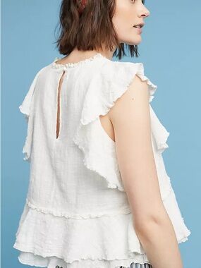 Anthropology Maeve Cream Textured Ruffle-Neck Blouse